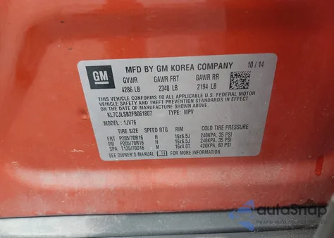 2015 Chevrolet Trax Lt from USA, damaged, VIN KL7CJLSB2FB061807